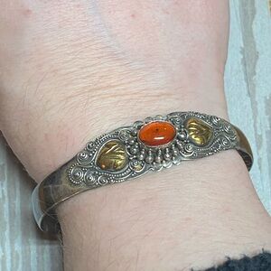 Vintage sterling Silver and brass cuff with Orange amber Stone cuff bracelet